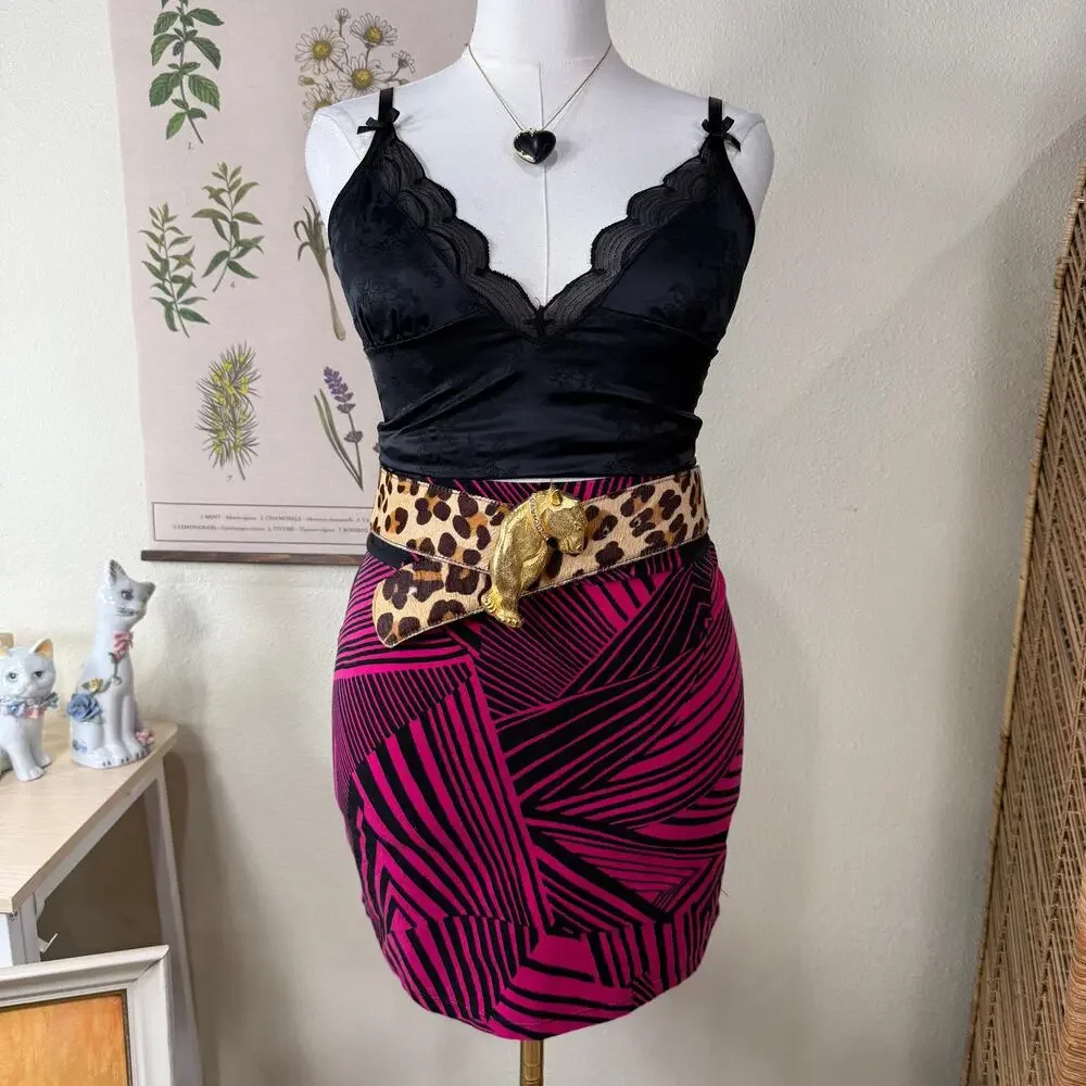 Y2k Black Pink Graphic Print Stretch Mini Skirt Sexy Trashy Bimbo Gyaru Gal L